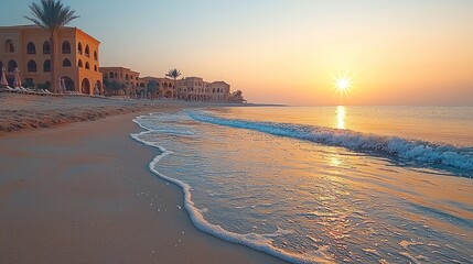 Wall Mural - Sunrise over beach resort, ocean waves, golden hour