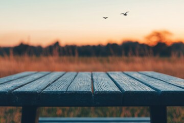 Poster - Empty wooden table in a field at sunset with birds flying