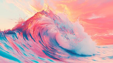 Poster - Vibrant Wave Abstract, Dynamic representation of a sunset wave, bold black outlines, solid colors, pop art influence, clean geometric style, cool neon color palette.