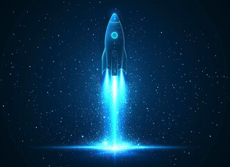 Poster - Abstract blue background with glowing light lines in the shape of a space rocket, a futuristic design element for science and technology concepts. Vector illustration