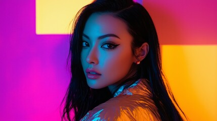 Poster - Under the glow of vivid neon lights, a glamorous woman showcases her elegance, with sleek jet-black hair framing her striking features. The atmosphere is electric and captivating