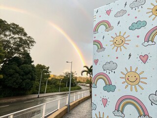 Wall Mural - Cute Rainbow, Cloud, and Sun Long Exposure Seamless Pattern Stock Photo