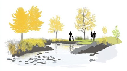 Wall Mural - Scenic illustration of a park with autumn trees, a stream, and silhouettes of people enjoying nature