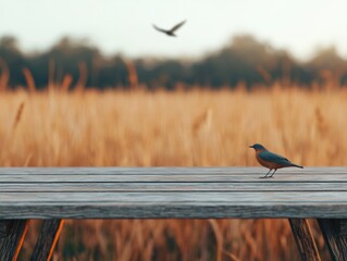 Aufkleber - Bird standing on wooden table in meadow with flying bird