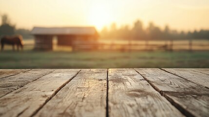 Fototapete - Empty wooden table overlooking horse stable at sunrise in countryside