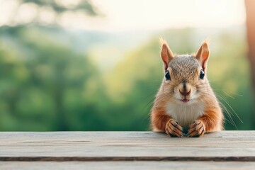 Poster - Curious squirrel peeking over wooden table in forest