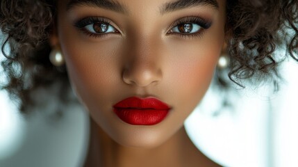Poster - A stunning multiethnic woman captivates with her bold red lips and mesmerizing eyes, radiating confidence in a softly lit indoor space as dusk falls outside