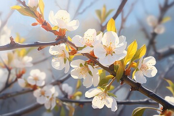 Fototapete - White flowers blooming on a branch in spring, illuminated by warm sunlight