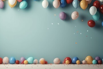 Poster - Colorful balloons floating against a wall and resting on a wooden floor with confetti creating a festive party atmosphere