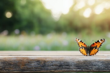 Aufkleber - Butterfly resting on a wooden table in a peaceful garden
