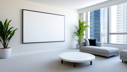 Wall Mural - Modern living room with minimalist decor and large windows.