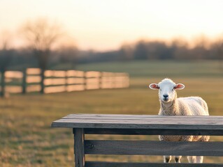 Poster - Sheep standing behind rustic wooden table in farm field at sunset
