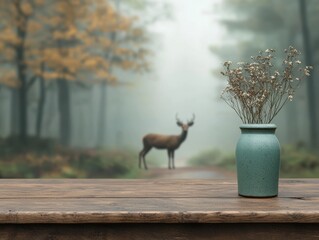 Aufkleber - Rustic wooden table showcasing dried flowers in a vase, featuring a blurred deer in a misty forest background