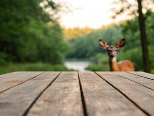Aufkleber - Rustic wooden table by forest stream with blurred deer in background