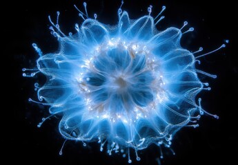 Poster - Vibrant Blue Microscopic Organism with Radiant Tentacles Illuminated Against Black Background for Scientific Exploration and Educational Use