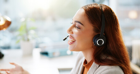 Poster - Woman, talking and telemarketing employee in office, hotline operator and business service. Female person, call centre agent and helping with customer support, speaking and professional consultant