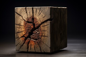 Poster - Wooden cube with rusty cracks and visible growth rings, resting on a dark surface, creating a captivating still life