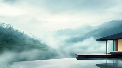 Wall Mural - Serene tea house retreat with panoramic rice field views, enveloped in soft mist, embracing Asian-inspired tranquility and wellness.