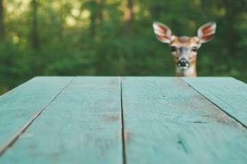 Aufkleber - Deer peeking over rustic table in forest, observing peaceful natural environment