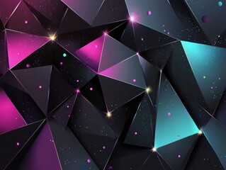 Poster - Abstract 3D Geometric Background with Colorful Triangles and Sparkling Particles in Black Space