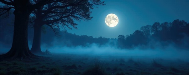a full moon casts an ethereal glow on a misty forest, mist, shadows, lunar