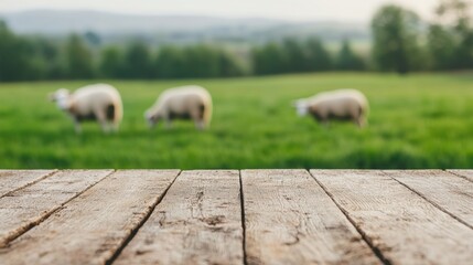 Aufkleber - Rustic wooden table with sheep grazing in green field background