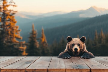 Poster - Brown bear resting paws on wooden table with mountain forest background