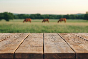 Poster - Rustic wooden table in focus with blurred grazing cows in background