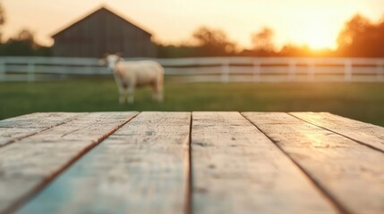 Poster - Rustic wooden table inviting to a peaceful evening in the farm at sunset