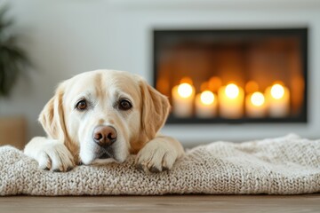 Poster - Labrador retriever resting on blanket by fireplace enjoying cozy winter evening