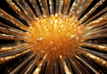 Poster - Abstract golden burst of light with radiant fibers creating a mesmerizing star-like effect against a dark backdrop, invoking a sense of energy and wonder