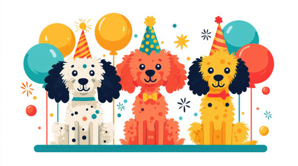 Poster - Poodle illustration, Poodles in party hats create a playful and festive atmosphere in this high-quality image.