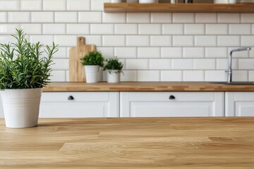 Poster - Empty wooden kitchen table with blurred background featuring white furniture and metro tiles
