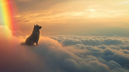 Naklejka na meble A rainbow arching over a dog standing at the edge of the clouds. picture
