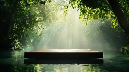 Wall Mural - Serene river bend yoga platform, tranquil greenery reflections, peaceful wellness retreat, intimate riverside meditation space