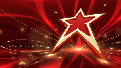 Canvas Print - red luxury award ceremony background with gold stars, light beams, bokeh, and ribbon decorations. id
