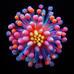 Poster - Colorful Abstract Design Mimicking Floral Patterns with Vibrant Glow and Radiating Petals on a Dark Background