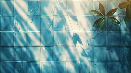 Poster - Serene blue tiled wall with water droplets and gentle shadows cast by leaves in sunlight