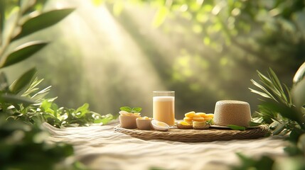 Serene picnic scene with plant-based snacks and drinks, set amidst a tranquil natural landscape, inviting relaxation and enjoyment