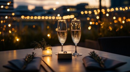 Wall Mural - A romantic rooftop dinner with a ring box placed between two champagne glasses under string lights picture