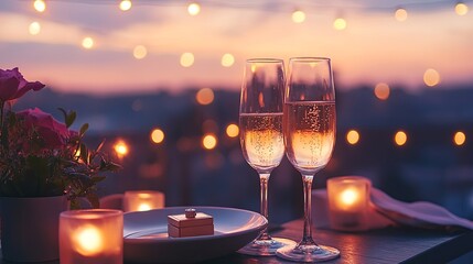 Wall Mural - A romantic rooftop dinner with a ring box placed between two champagne glasses under string lights picture