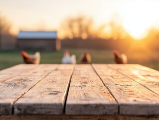 Poster - Wooden table illuminated by sunrise light with chickens pecking in background