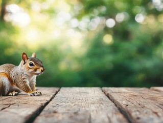 Poster - Squirrel resting on wooden table in forest, enjoying morning sunlight