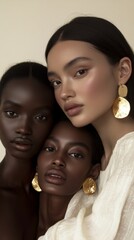 Poster - Three stunning individuals pose closely together in a soft, neutral-toned environment, radiating elegance and individuality