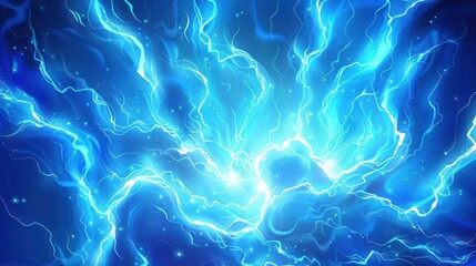 Fototapete - Abstract representation of electric blue lightning bolts illuminating a dark background
