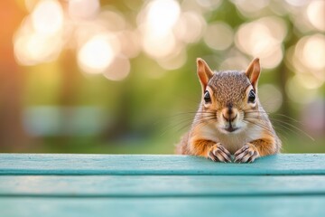 Aufkleber - Curious squirrel peeking over wooden table in blurred forest