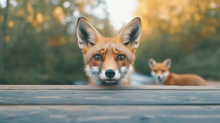 Aufkleber - Curious fox peeking over wooden table in forest