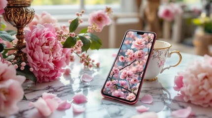 Aufkleber - 
a cell phone on a table with pink flowers