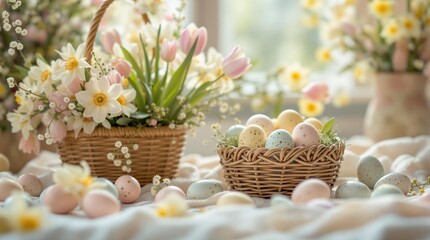 Poster - a festive Easter setting with colorful eggs in a basket, accompanied by fresh flowers and a cozy blanket. The background is illuminated by natural light, adding warmth to the scene.