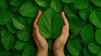 Wall Mural - Nurturing Nature: Tender hands cradle a vibrant green leaf, symbolizing the delicate balance of the natural world and the responsibility we share to protect it.  